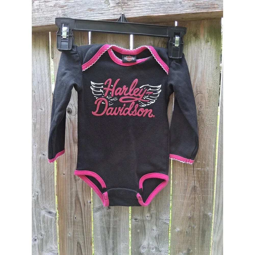 122 Harley Davidson One Piece Romper Infant 3/6M Baby Girl Black & Pink Sparkles